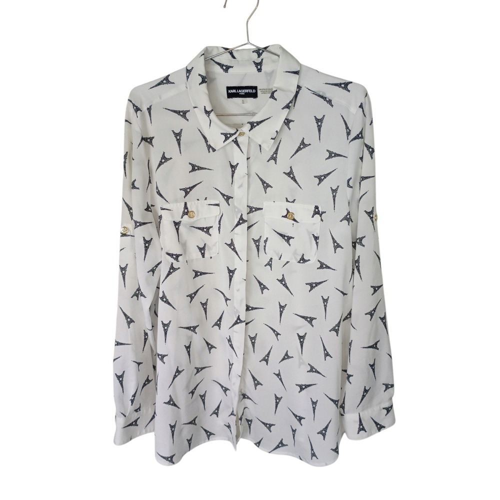 Karl Lagerfeld Paris Eiffel Tower Print Button Down Blouse White Navy XL